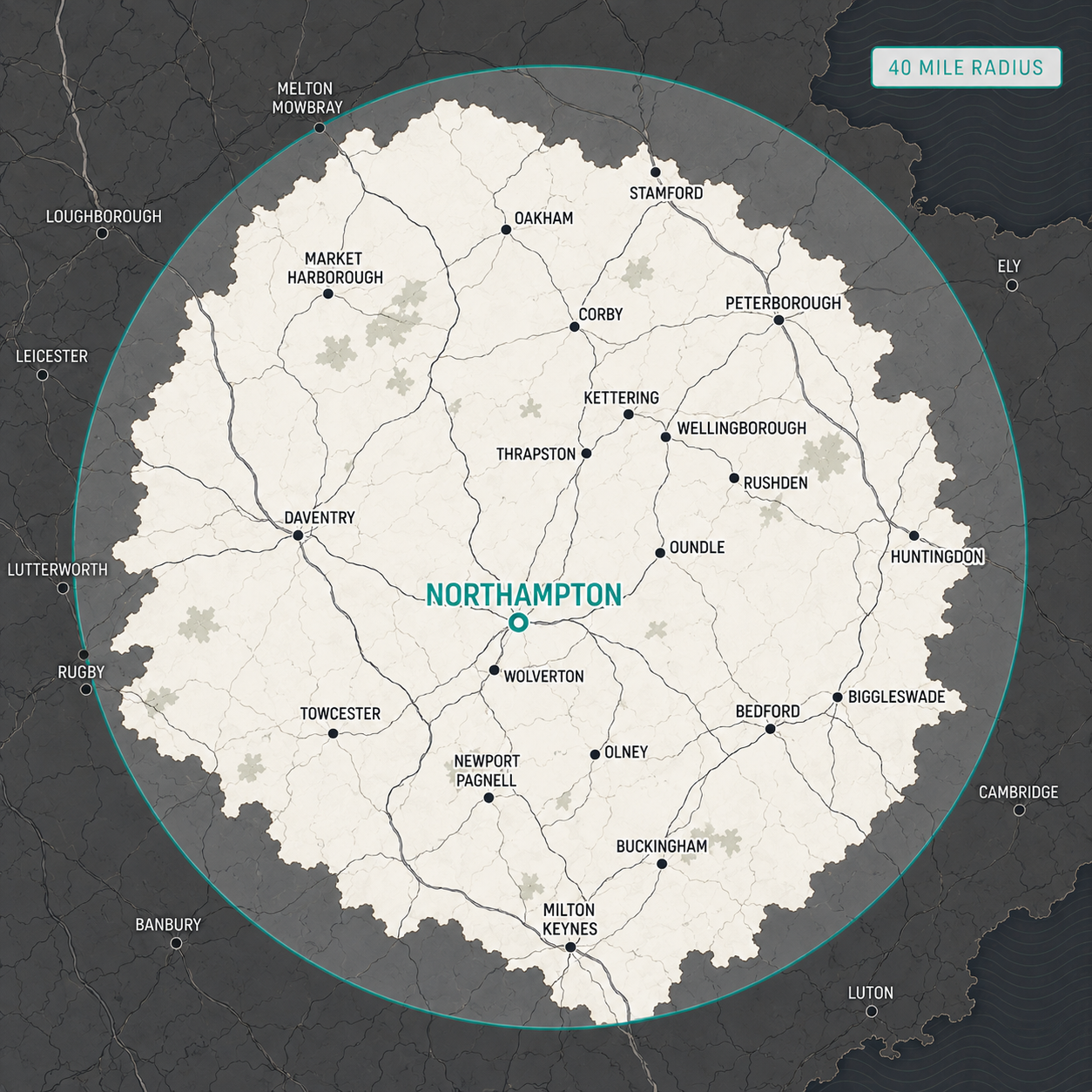 Map showing the 40 miles of Northampton service area around Northampton